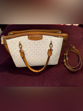Michael Kors Cream Signature Canvas Satchel with Tan Trim